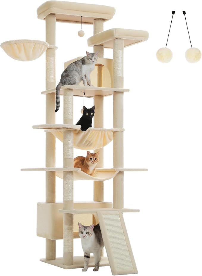 81" Heavy Duty Cat Tree for Large Cats up to 20lbs - Extra Tall Cat Tower with Metal Frame Hammock, 6 Sisal Scratching Posts, 2 Perches - Indoor Cat Furniture for Maine Coon, Big Cats, Beige-Mewly Pet
