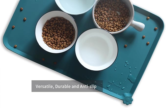 Hoki Found L Silicone Pet Food Mats - Non Slip Dog Cat Bowl Placemats - Waterproof Dog Cat Food Mats - For Carpet & Sicilian Ocean-Mewly Pet