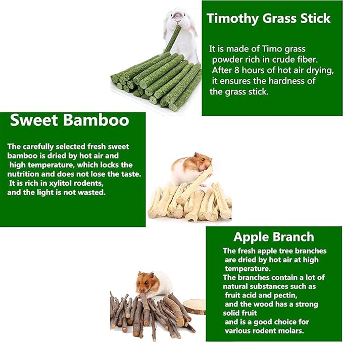 150g 3 Types of Combined Chew Toys Molar Sticks Sweet Bamboo Apple Branch Timothy Grass for Pets Chinchilla Squirrel Gerbil Hamster Squirrel Guinea Pigs-Mewly Pet