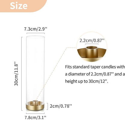 NUPTIO Gold Taper Candle Holders: 2 Pcs Hurricane Metal Candlestick Holder Stand with 11.81 inch Tall Clear Glass Open Ended Cylinder Covers for Tapered Candles Wedding Party Centerpieces for Tables