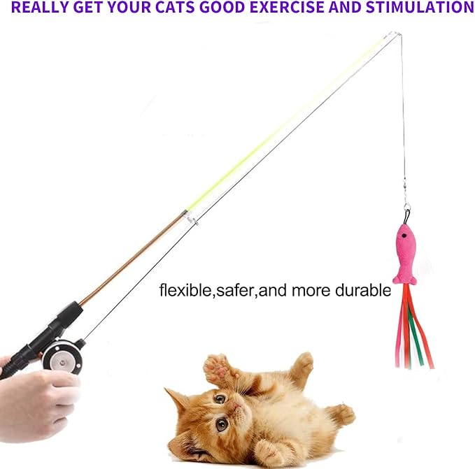 Retractable Cat Teaser Wand Toy, Cat Toys for Indoor Outdoor Cats Interactive Fishing Rod with 8 Pcs Refills Feather Toy, Plush Mouse Caterpillar & Fish-Mewly Pet