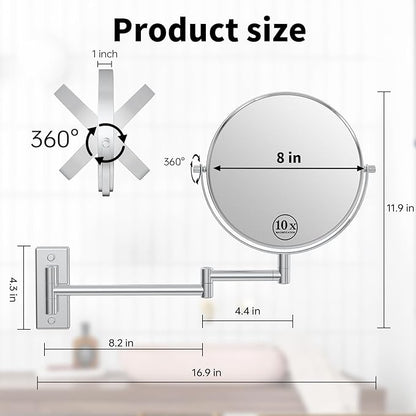Wall Mounted Makeup Mirror, 10x/1x Double-Sided Magnifying Mirror, 360° Extendable Arm Bathroom Mirror, 8 inch Vanity Mirror for Makeup or Shaving Chrome Finish