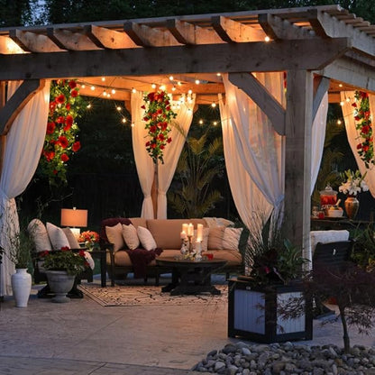 RECUTMS Hanging Rose Flowers Artificial Vines for Outdoors with 30 LED Fairy String Lights Indoor Home Garden Wall Wedding (Red)