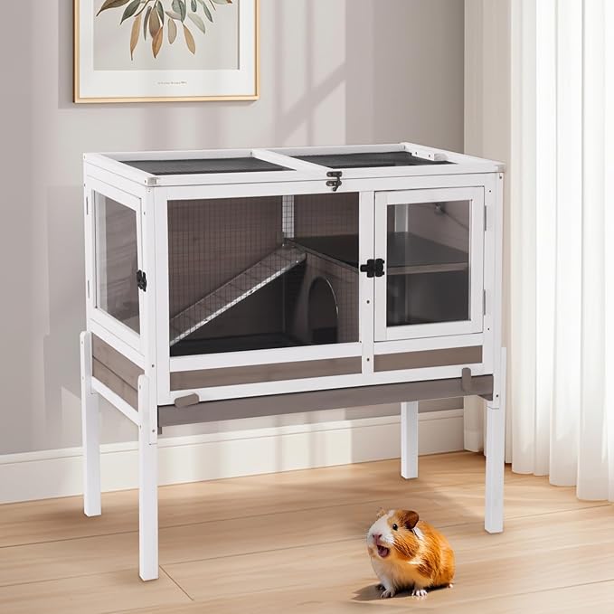 Aivituvin 2-Story Rabbit Hutch with Anti-Chew Ramp & Zinc Sheet - 36.6" Indoor Guinea Pig Cage, Wooden Stand, Pull-Out Tray & Leakproof Floor (Brown)-Mewly Pet