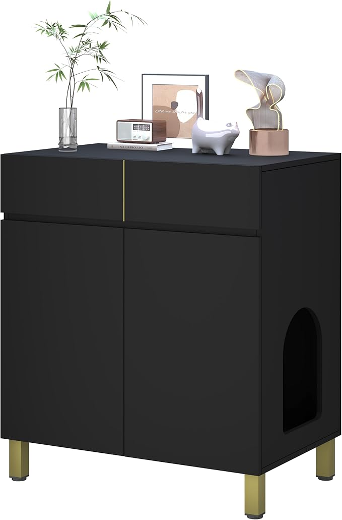 Large/Tall Litter Box Enclosure, Modern Wooden Litter Box Furniture for XL Litterbox with Drawer as Sideboard Cabinet (Black)-Mewly Pet