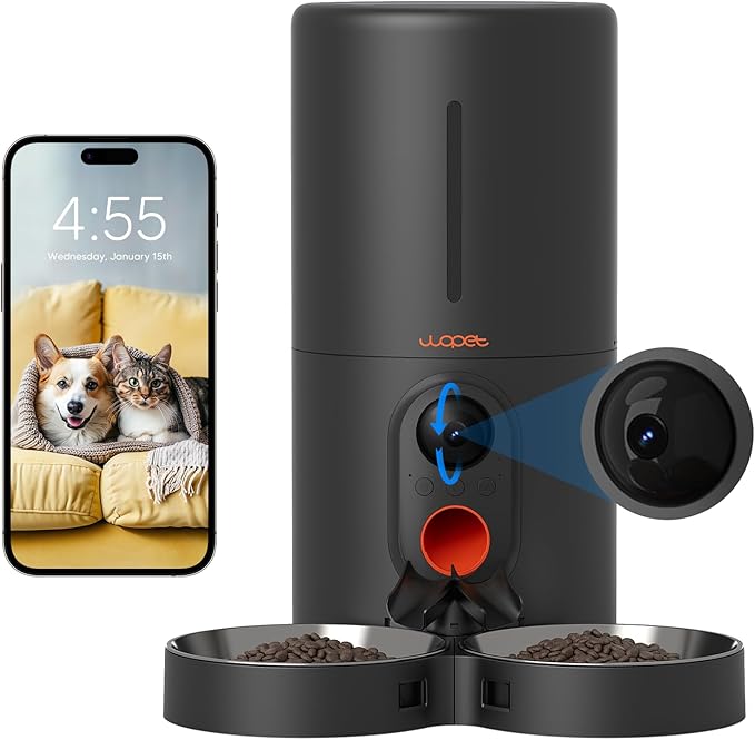 WOPET Automatic Cat Feeder with Camera for Two Cats, 6L Automatic Dog Feeder with HD Video and Night Vision, 5G/2.4G WiFi Pet Feeder for Cats & Dogs, SD Card Storage & 2-Way Audio-Mewly Pet