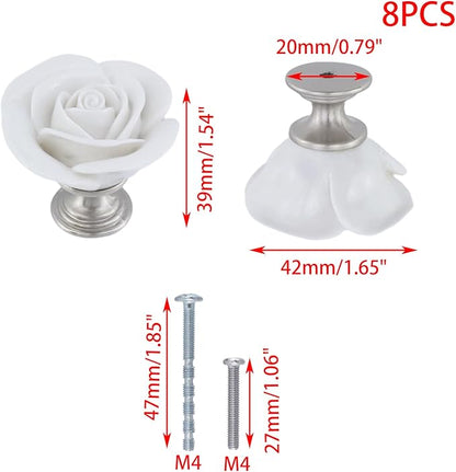 8PCS 1.65" × 1.54" White Rose with Base Knobs Ceramics Flower Shaped Pulls for Cupboard Drawer, with 2 Kinds of Screws
