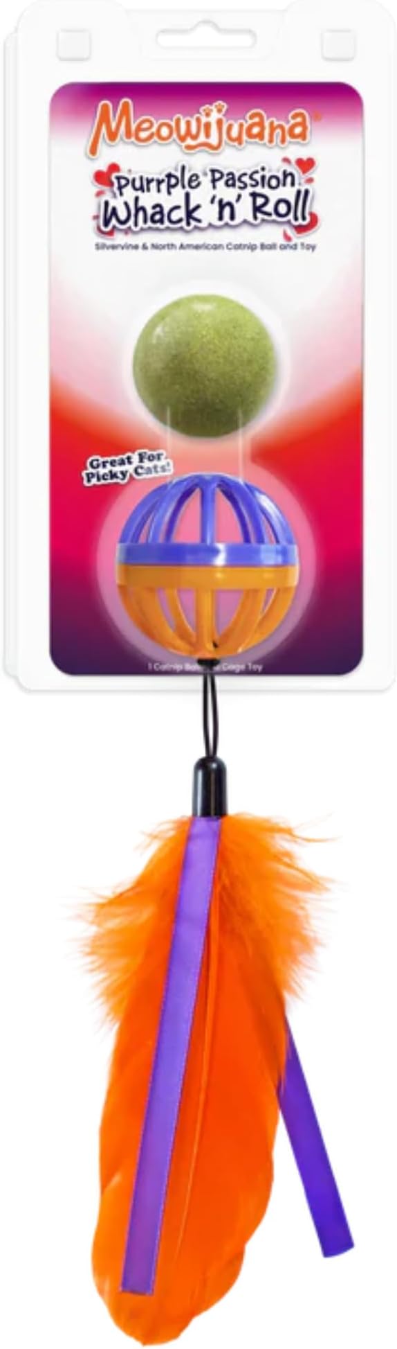 Meowijuana Whack 'n' Roll Compressed Catnip Ball with Cage | Purple Passion | Interactive Cat Toy with Feather | Potent Hand Harvested Catnip Grown in North America-Mewly Pet