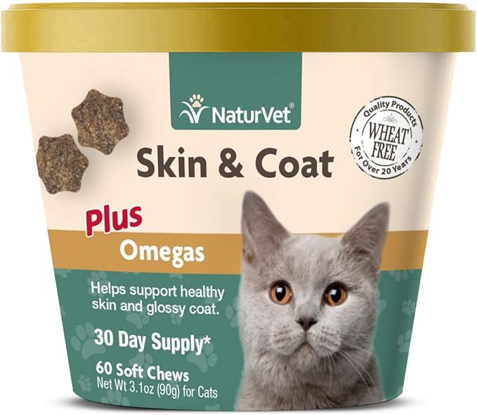 NaturVet – Skin & Coat Plus Omegas for Cats – 60 Soft Chews | Supports Healthy Skin & Glossy Coat | Enhanced with Omega-3, Omega-6 & Biotin | 30 Day Supply-Mewly Pet