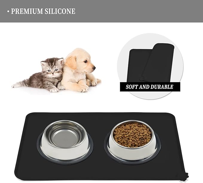 Waterproof Pet Feeding Mat with High Raised Edges, Heavier and Thicker Placemats for Cat Dog Water Bowl with BPA Free, Dogs Cats Food Mats for Messy Drinkers to Prevent Spill and Protect Floors-Mewly Pet