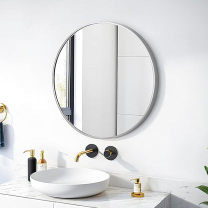 20" Round Mirror Circle Wall Mounted Hanging or Against Wall Metal Frame Dressing Make-up Mirrors for Entryway Bedroom Bathroom Living Room 20 inch Silver