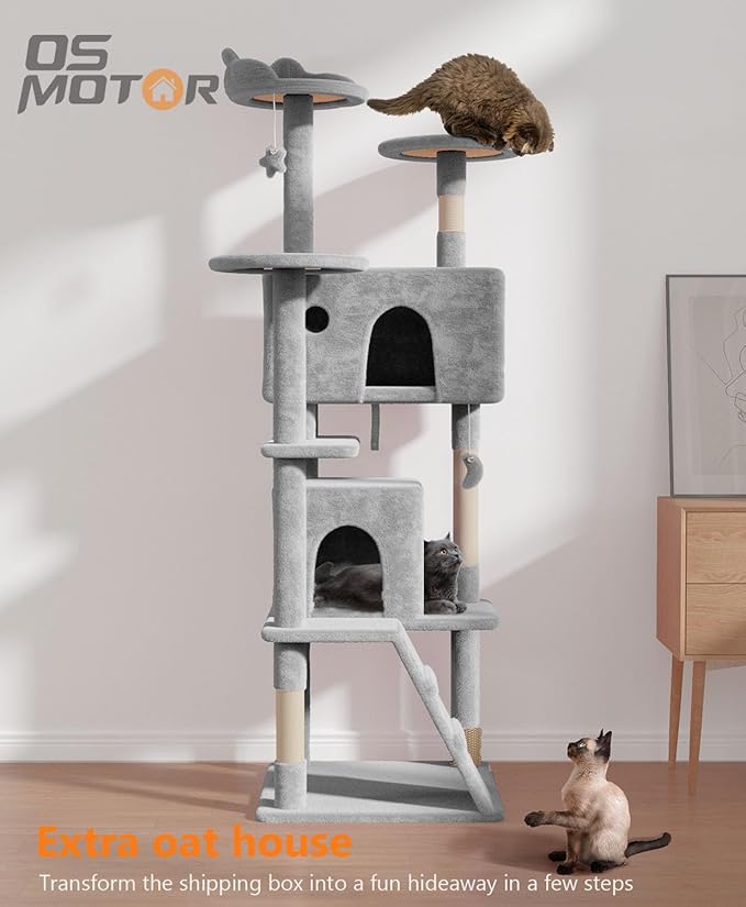 70'' Cat tree Tower for Indoor Cats Large Adult,Cute/Tall Modern Cat Tree for Big Cats 20 lbs,Plush Multi-Level Cat Condo with Scratching Posts,Dangling Ball for fun play(Light Gray, 70 inch)-Mewly Pet