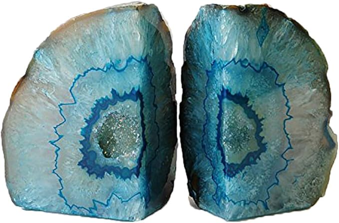 AMOYSTONE Geode Bookends Heavy Duty Agate Large Stone Bookend Decorative Crystal Quartz Book Ends Dyed Teal with Rubber Bumpers(1 Pair, 6-8 LBS)