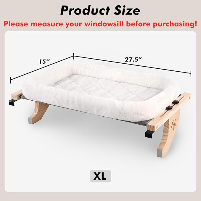 AMOSIJOY Cat Sill Window Perch Sturdy Hammock Window Seat with Cushion Cover, Wood & Metal Frame for Large Cats, Easy to Adjust Cat Bed for Windowsill, Bedside, Drawer and Cabinet (XL)-Mewly Pet