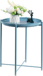 HollyHOME Round Metal Side Table, Outdoor Small Folding Accent Stand with Removable Tray, 17.72'' Portable End Table for Balconies, Gardens, Living Rooms and Bedrooms, Blue