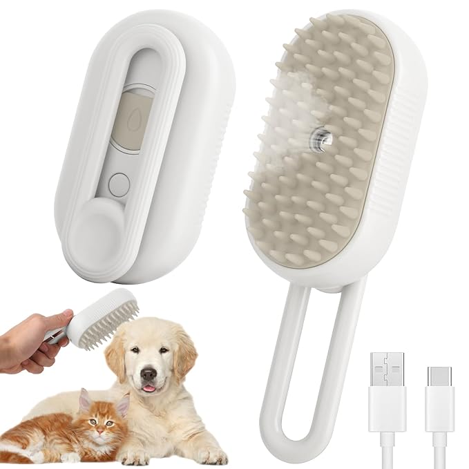 4 in 1 Cat Steam Brush for Shedding, Cleaning, Massage & Smooth, USB Rechargeable Pet Spray Hair Removal Comb, for Indoor Long/Short Haired Cats & Dogs (White)-Mewly Pet