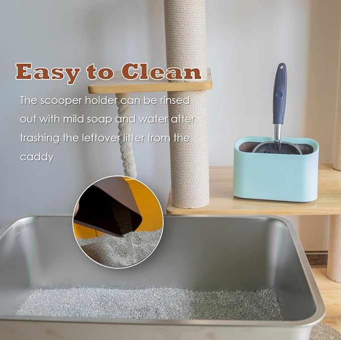 Aluminum Cat Litter Scoop in Holder, Non-Stick Cat Poop Scooper with Holder, Fast Sifting Kitten Poop Lifter and Caddy (Blue)-Mewly Pet