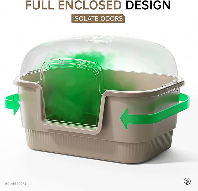 Cat Litter Box with Litter Mat and Scoop,High Wall Enclosed Cat Litter Boxes for Anti-Leakage, Covered Kitty Litter Box with Handle and Buckles for Portability and Privacy, Odor Control (Brown)-Mewly Pet