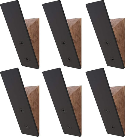 Homeforia Walnut Wood Coat Hooks, High End Walnut Wood & Black Metal Wall Mounted Coat Hooks, Mid-Century Modern Clothes Hooks, Heavy Duty Wooden Hooks for Hanging Coats, Hats, Towels & More, Set of 6