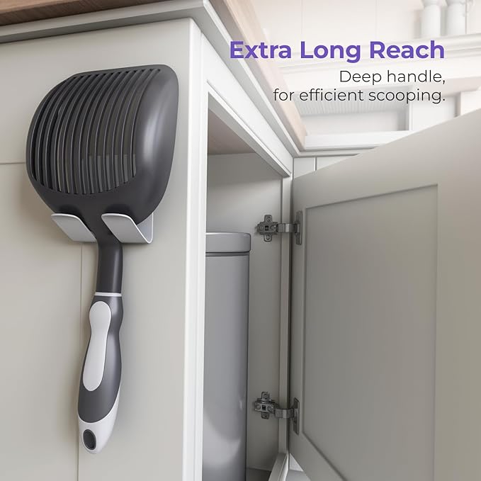 iPrimio Cat Litter Scoop Metal w/ Deep Shovel, Black - Non Stick Plated Aluminum Cat Litter Scooper with Holder - Litter Box Scooper - Metal Cat Litter Scoop - Patented Sifter w/ Holder - Solid Handle-Mewly Pet