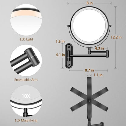 Rocollos Rechargeable Lighted Wall Mounted Makeup Mirror with 3 Color Lights,Dimmable Touch Screen,8 Inch LED Double Sided 1X/10X Magnifying 360°Flexible 13 Inch Retractable