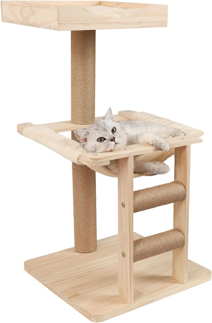 KVIDA Extra-Sturdy Wooden Cat Tree for Large Cats – Modern 3-Level Tower with Hammock, Anti-Tip Sisal Posts & Oversized Perch, Ideal for Indoor Big Cats & Multi-Cat Homes-Mewly Pet
