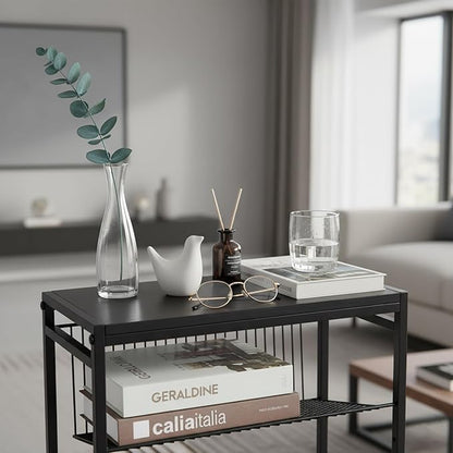 Dulcii Small Side Table for Small Spaces - Slim End Table with Magazine Holder Narrow End Table Living Room - Skinny Bedside Table Nightstand Bedroom Thin Side Table, Black