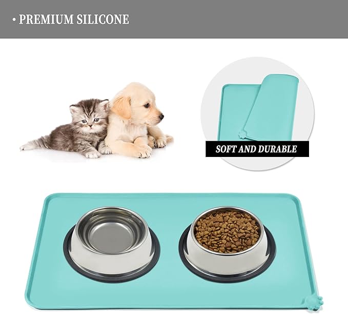 Waterproof Pet Feeding Mat with High Raised Edges, Heavier and Thicker Placemats for Cat Dog Water Bowl with BPA Free, Dogs Cats Food Mats for Messy Drinkers to Prevent Spill and Protect Floors-Mewly Pet