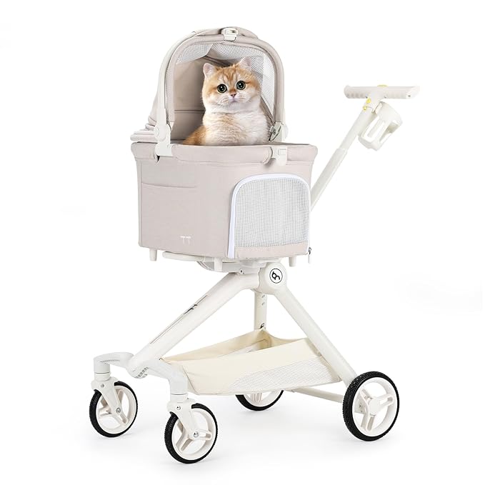 TT Lightweight Pet Stroller for Small Dogs & Cats - 4-Way Installation Carrier, One-Hand Fold, 180° Canopy Cover & Adjustable Handle (Beige)-Mewly Pet