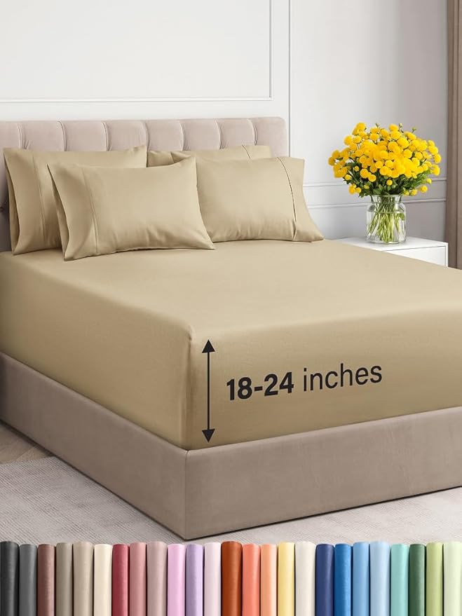Extra Deep King Sheet Set - 6 Piece Breathable and Cooling Sheets - Hotel Luxury Bed Sheets Set - Easy & Secure Fit - Soft, Wrinkle Free and Comfy Sheets Set - Beige Sheet Set with Extra Deep Pockets