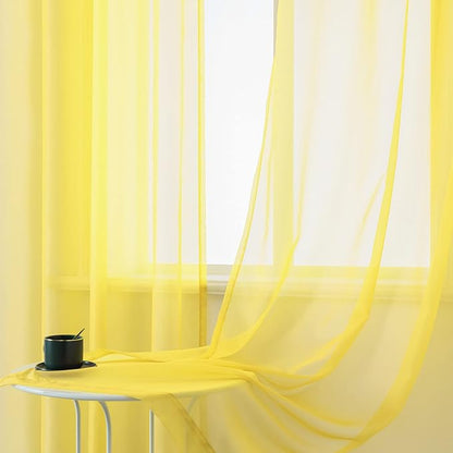 DUALIFE Yellow Sheer Curtains 63 Inch Length for Bedroom 2 Panels Grommet Solid Color Look Semi Sheer Sunmmer Curtains for Living Room Dining Bathroom Basement Kitchen 52x63 Inches Long