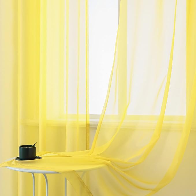 DUALIFE Yellow Sheer Curtains 84 Inches Long for Living Room Set 2 Grommet Look Soft Semi Transparent Voile Drape Window Sheer Curtains for Bedroom Boys 52x84 Length Solid Bright Color