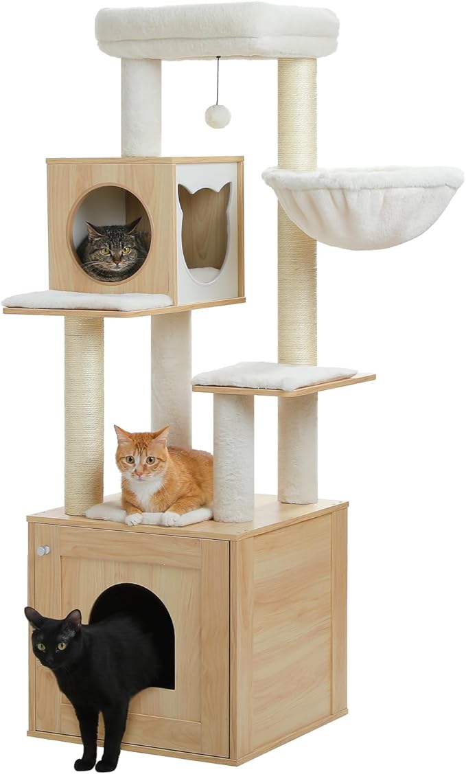 PEQULTI 57.5" Cat Tree with Litter Box Enclosure Large, Wood Cat Tower for Indoor Cats with Storage Cabinet and Cozy Cat Condo, Sisal Covered Scratching Post and Repalcable Dangling Balls, Beige-Mewly Pet