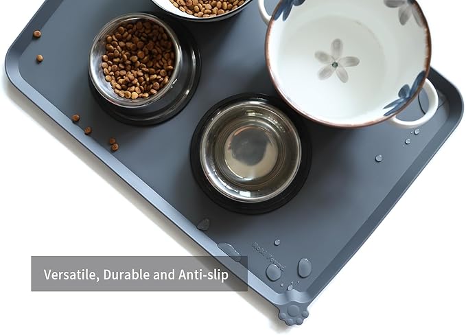 Hoki Found Large Silicone Pet Feeding Tray - Waterproof Dog Pet Cat Feeding Mat - Non Slip Pet Dog Cat Food Bowl Mats Placemat -Pet Water Mats for Carpet -Gray-Mewly Pet
