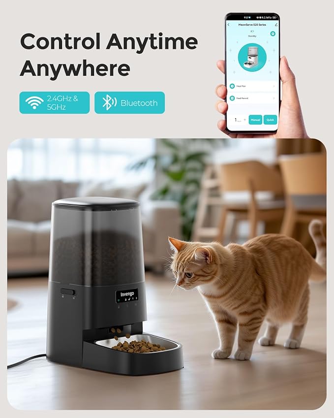 Cat Feeder Automatic - Cat Food Dispenser MeowServe S20, Auto Dog Feeder with Stainless Steel Bowl, 5L Pet Feeder with Patented Anti-Jam Port, App, Dual Lock Lid, Dual-Band WiFi & Power Supply-Mewly Pet