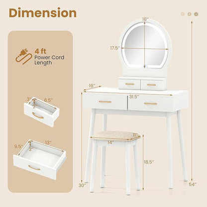 CHARMAID Vanity Desk with Mirror and Lights, Modern Makeup Vanity Table with 4 Drawers, 3-Color Dimmable LED Mirror, Girls Dressing Table and Stool Set for Small Bedroom (White)
