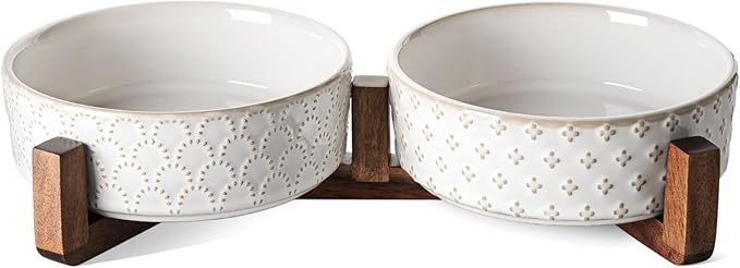 LE TAUCI Dog Bowl Set with Acacia Wood Stand - 1.5-Cup Ceramic Puppy Bowls for Small Dogs, Dual Food and Water Bowls with Weighted Non-Slip Base, Clover-Mewly Pet