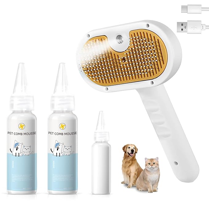 Pet Steam Brush for Dog & Cat – 3-in-1 Spray Hair Removal Comb – Steam for Shedding & Grooming – Water Brush for Long & Short Haired Pets – Spritz Defur Comb – Includes Waterless Shampoo-Mewly Pet