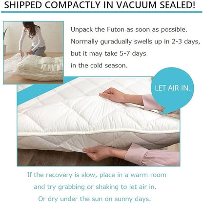 EMOOR Japanese Futon Mattress CLASSE & Fitted Sheet PRESSO Full (55x79in) Made in Japan, Cotton (White) Foldable Floor Sleeping Bed Tatami Mat
