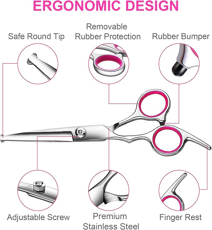 5 in1 Dog Grooming Scissors Kit, Professional Dog Scissors for Grooming with Safety Round Tips, Titanium Coated Grooming Shears for Dogs Cat Pet At Home-Mewly Pet