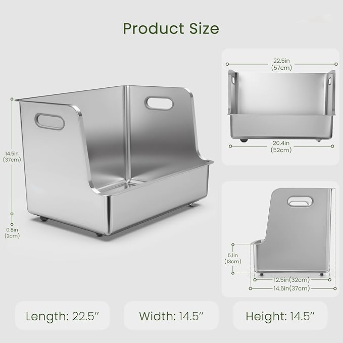 One-Piece Stainless Steel Litter Box, 14.5" High-Side XL Metal Cat Litter Box, Extra Wide Entry Pet Toilet, Cat Litter Station with Wheels, Easy to Move, Non-Stick, No Odor, for Big or Multiple Cats-Mewly Pet