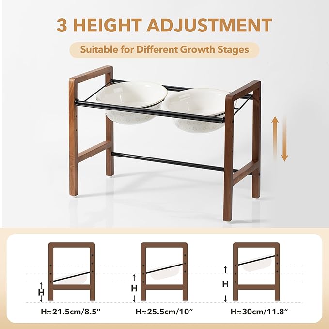 8.7inch Ceramic Adjustable Raised Double Bowls Set with Stand, 3 Heights Elevated, 2 Placement Options, Food and Water Dishes for Large Dog(Double Bowls+Stand, Reactived Glaze -White)-Mewly Pet