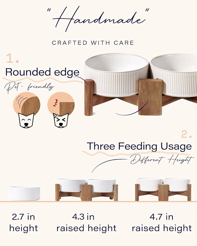 Getstar Ceramic Dog Bowls with Acacia Wood Stand, 30 fl oz, Set of 2, Dog Food Bowl, Cat Bowls (6.5 inches) (Vintage White)-Mewly Pet