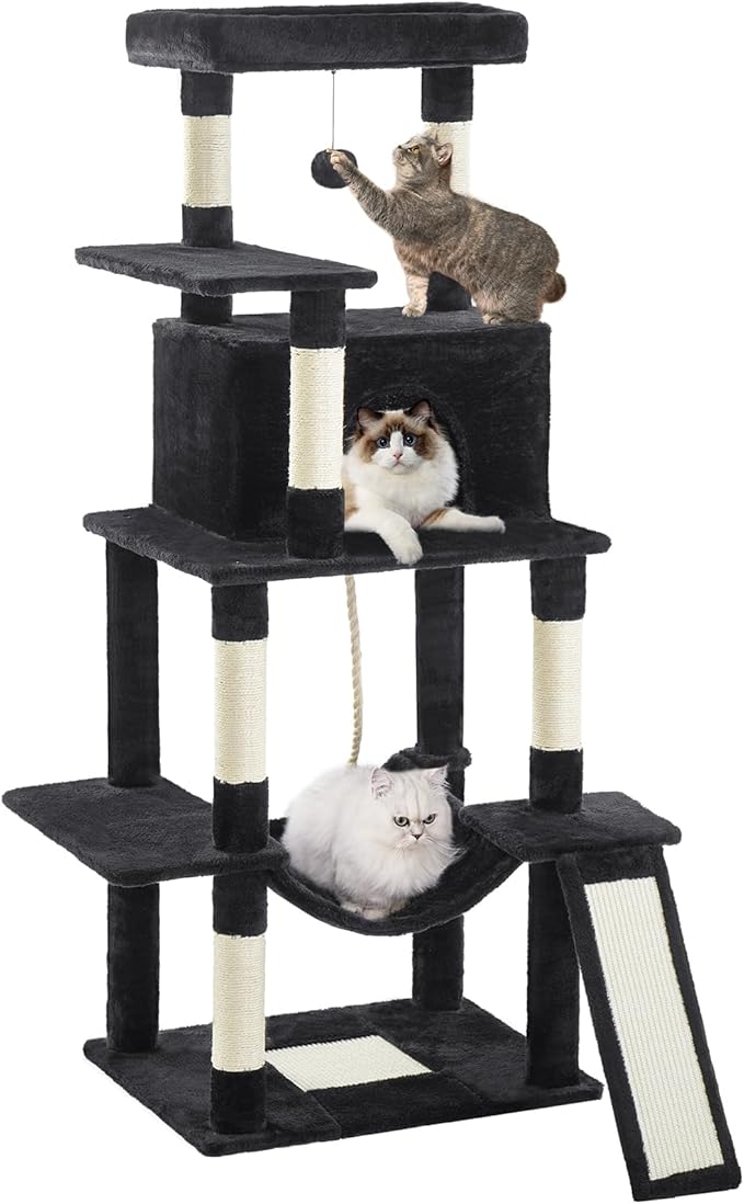 Cat Tree Tower 63in Multi-Level Cat Tower for Indoor Cats with Sisal Scratching Posts, Condo, Hammock, Dangling Ball and Extended Platform for Cats to Play, Black-Mewly Pet