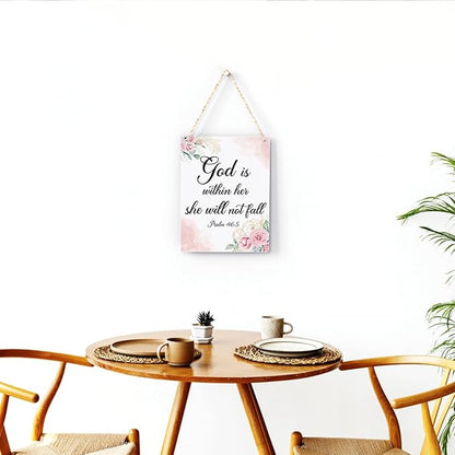 Inspirational Decor God is Within Her She Will Not Fall Psalm 46:5 Christian Gifts for Women Bible Verse Wall Art Scripture Wooden Hanging Sign for Kids Room Bathroom Bedroom Decor 8 x 10 Inches