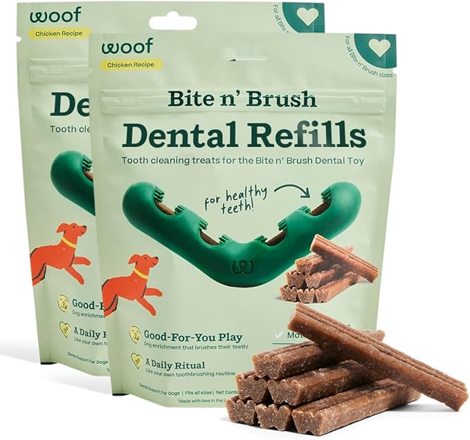 WOOF - Bite n' Brush Refills for The Dog Toothbrush Toy - Scrub Plaque and Tartar from Your Dog's Teeth and Mouth - Dog Dental Chew Toy Treats - Approximately 16 Refills - 2 Pack-Mewly Pet