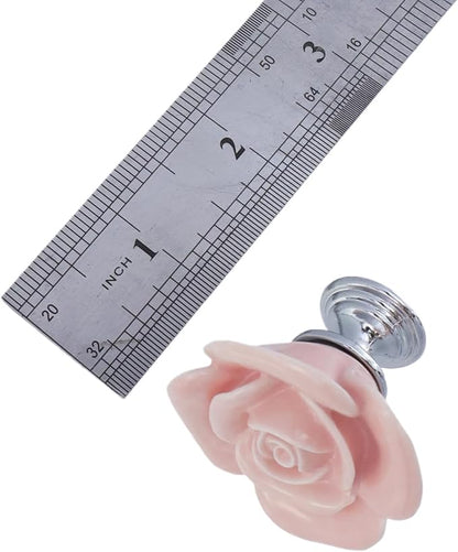 8PCS 1.57" × 1.3" Ceramics Light Pink Rose with Base Knobs Flower Shaped Pulls for Cupboard Drawer with 2 Kinds of Screws