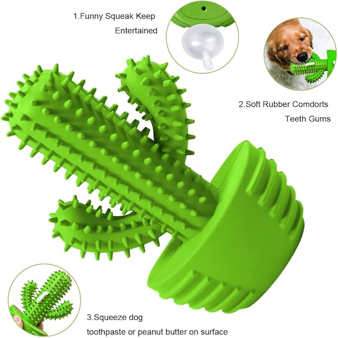 Dog Chew Toys, Toothbrush Stick Teeth Cleaning Brush Dental for Small Medium Large Dog, Rubber Squeaky Toys for Aggressive Chewers Cactus Tough Toys-Mewly Pet