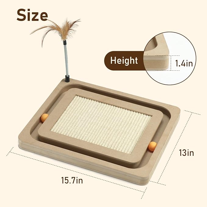 PEEKAB Cat Scratcher,Sisal Scratching Board with Track Ball Interactive Toy and Swing Feather Toys for Indoor Cats and Kittens,Large Heavy Durable-Mewly Pet