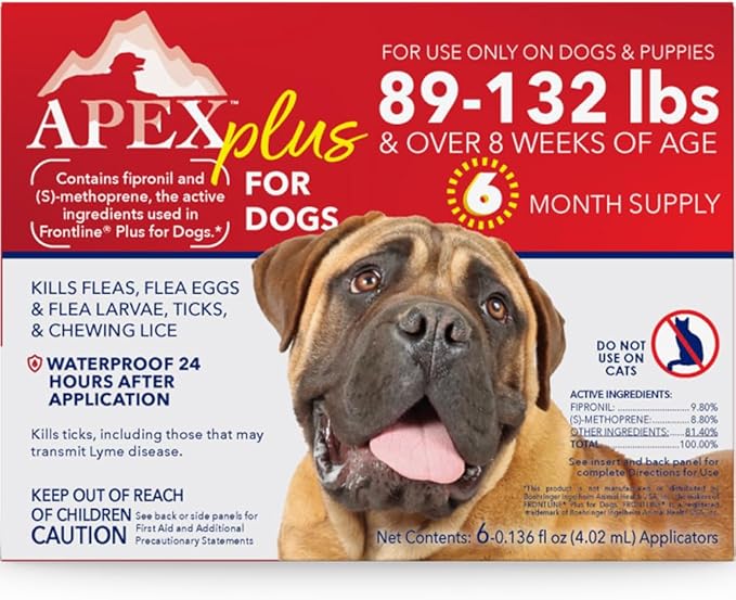 Apex Plus Flea and Tick Prevention for X-Large Dogs (89-132 lbs) | 6-Month Supply | Waterproof, 24-Hour Activation, 30-Day Protection-Mewly Pet